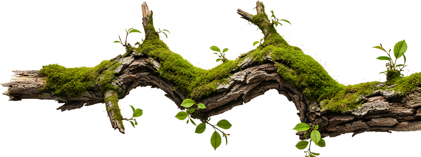 Moss covered branch with new green leaves