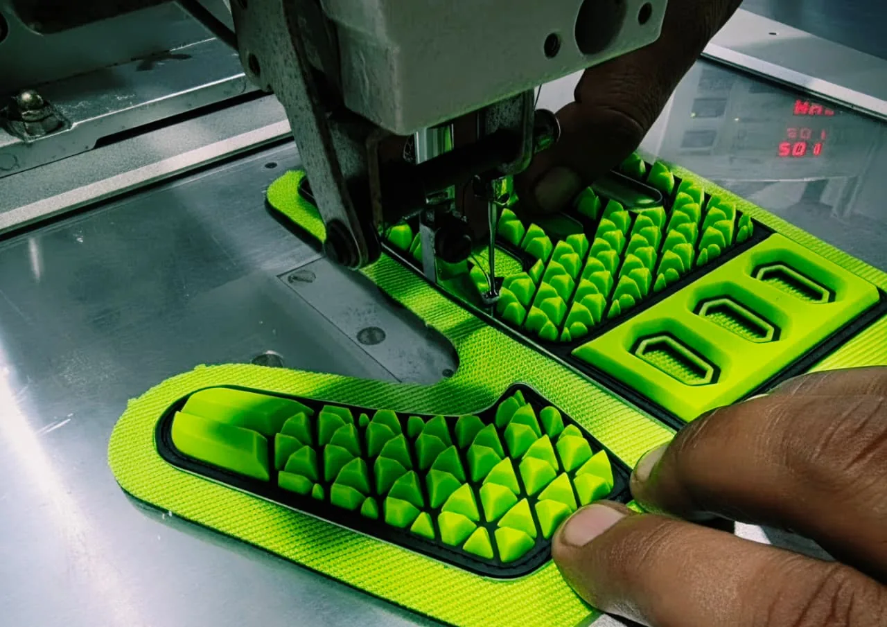 Impact protection components being stitched onto a glove