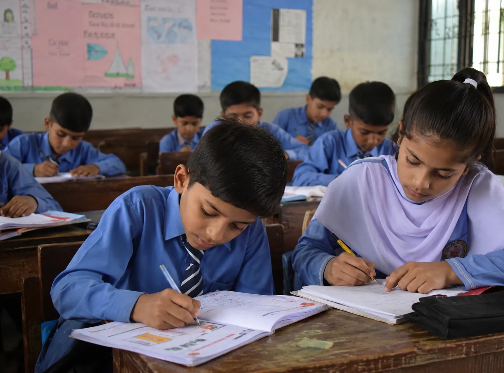 School children completing their classwork