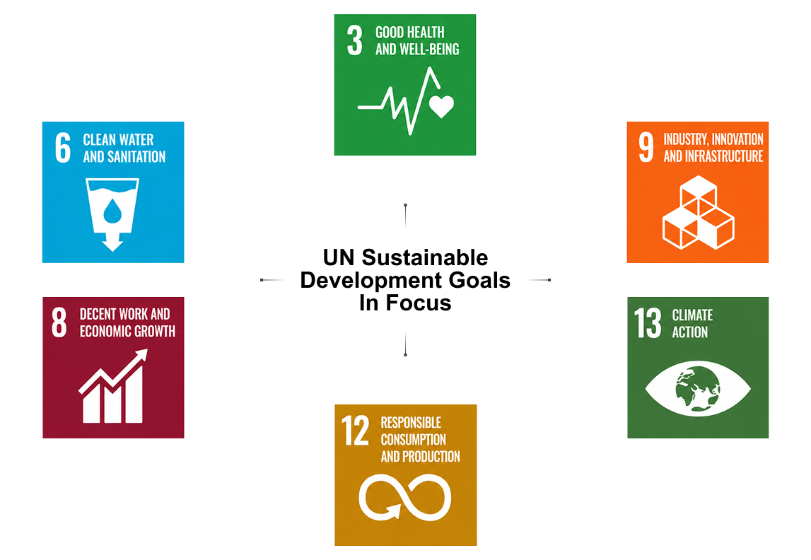 Six United Nations Sustainable Development Goals represented around a central focus